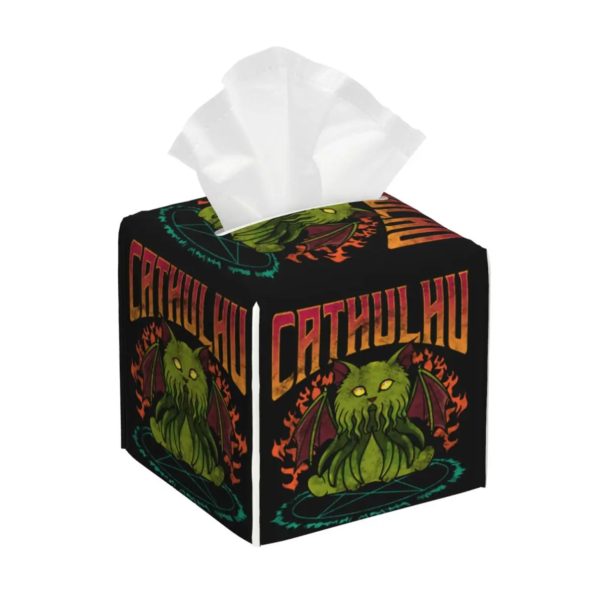 Custom Funny Cathulhu Cat Cthulhu Tissue Box Cover PU Leather Square Facial Tissues Holder for Office