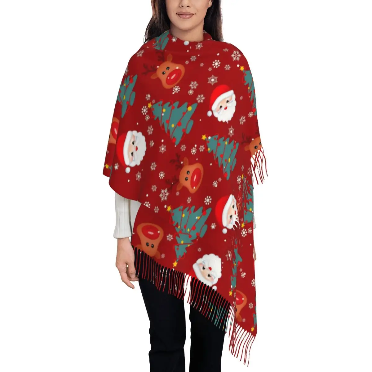 Cute Christmas Santa Claus Shawl Wraps for Ladies Warm Single-sided Pattern Scarf Snowflakes Reindeer Pashminas Tassel Scarves