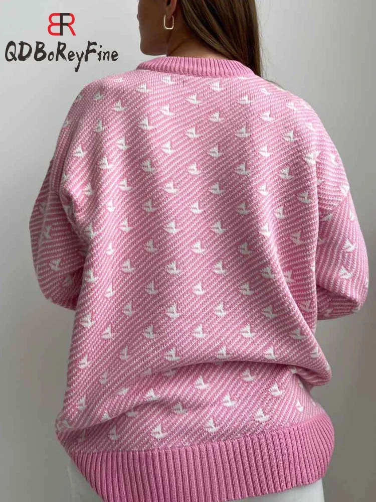 Winter Women Oversized Sweater Printed Long Sleeve Top Autumn Casual Loose Jumper Pink Thick Warm Knitted Pullovers for Women