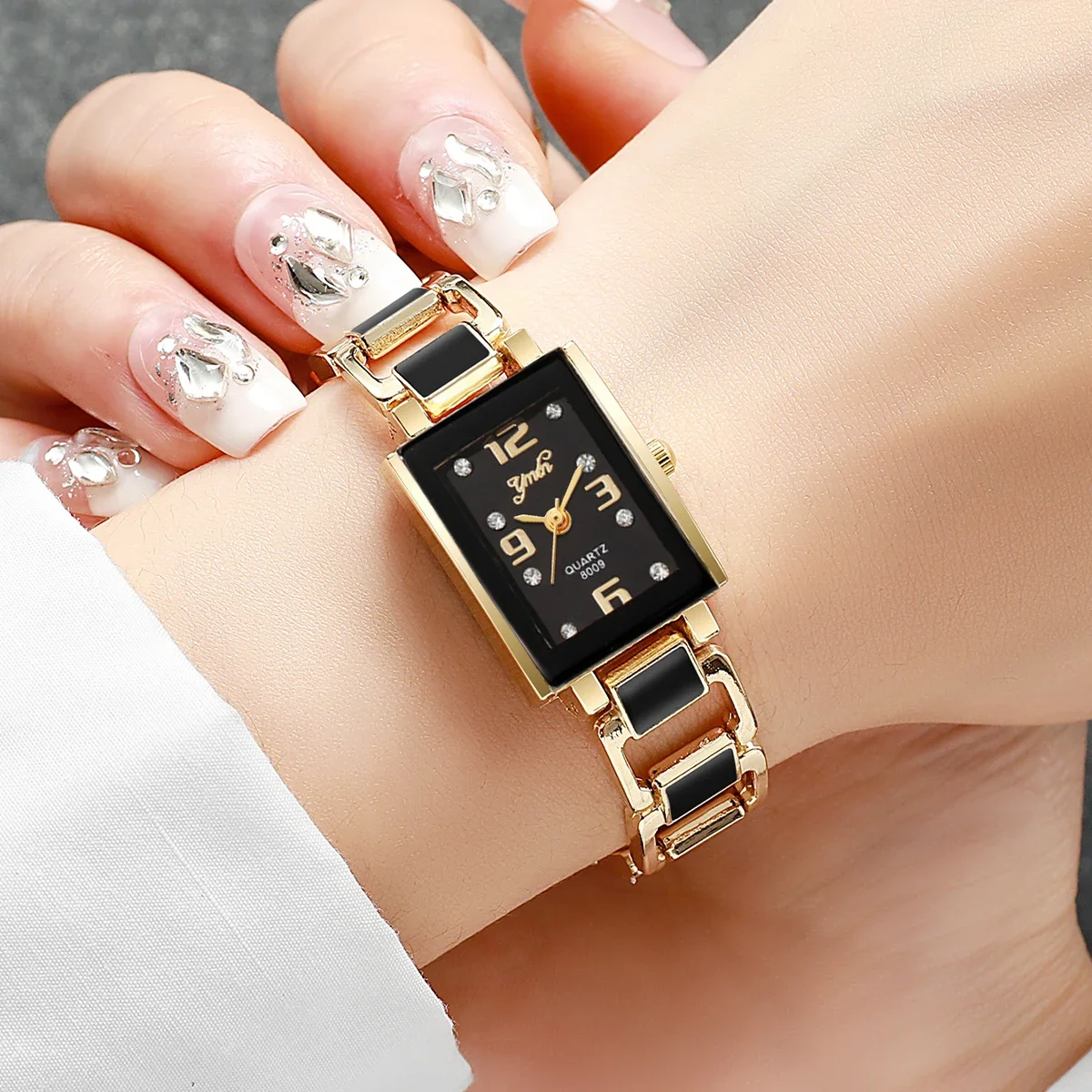 5PCS Fashion Women Watch Jewelry Set Luxury Square Dial Quartz Wristwatch Crystal Necklace Earrings Ring Gifts Relogio Feminino