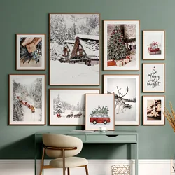 Christmas Tree Winter Snow Scene Forest Santa Claus Sleigh Elk Cookie Posters Prints Wall Art Canvas Painting Home Room Decor