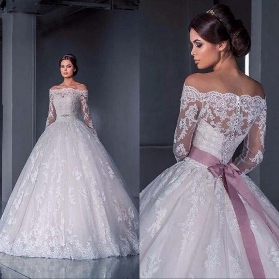 Apliques de renda Vestidos de casamento para mulheres, decote, linha A, ilusão, mangas completas, tule, lindos vestidos de noiva, requintado, 2024