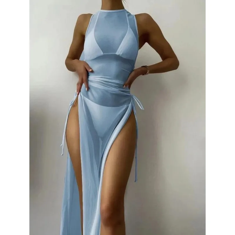 

3 Pieces Thong Bikini 2025 Women with Dress String Swimwear Female Solid Swimsuit Beach Wear Bathing Swimming Suit Summer