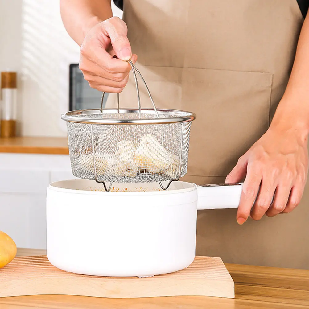 Cesta de drenaje de acero inoxidable con asa y soporte para lavar frutas, verduras, arroz y alimentos fritos en la cocina