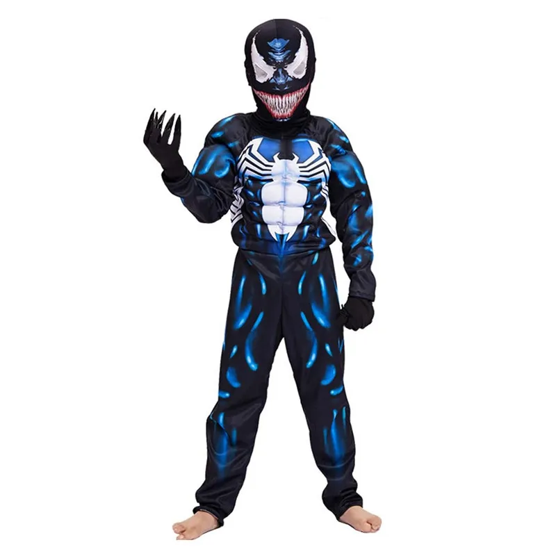 Kids Black Venom Spider Jumpsuit Movie Superhero Character Cosplay Muscle Suit Peter Parker Dress Up Costume Boys Halloween Game