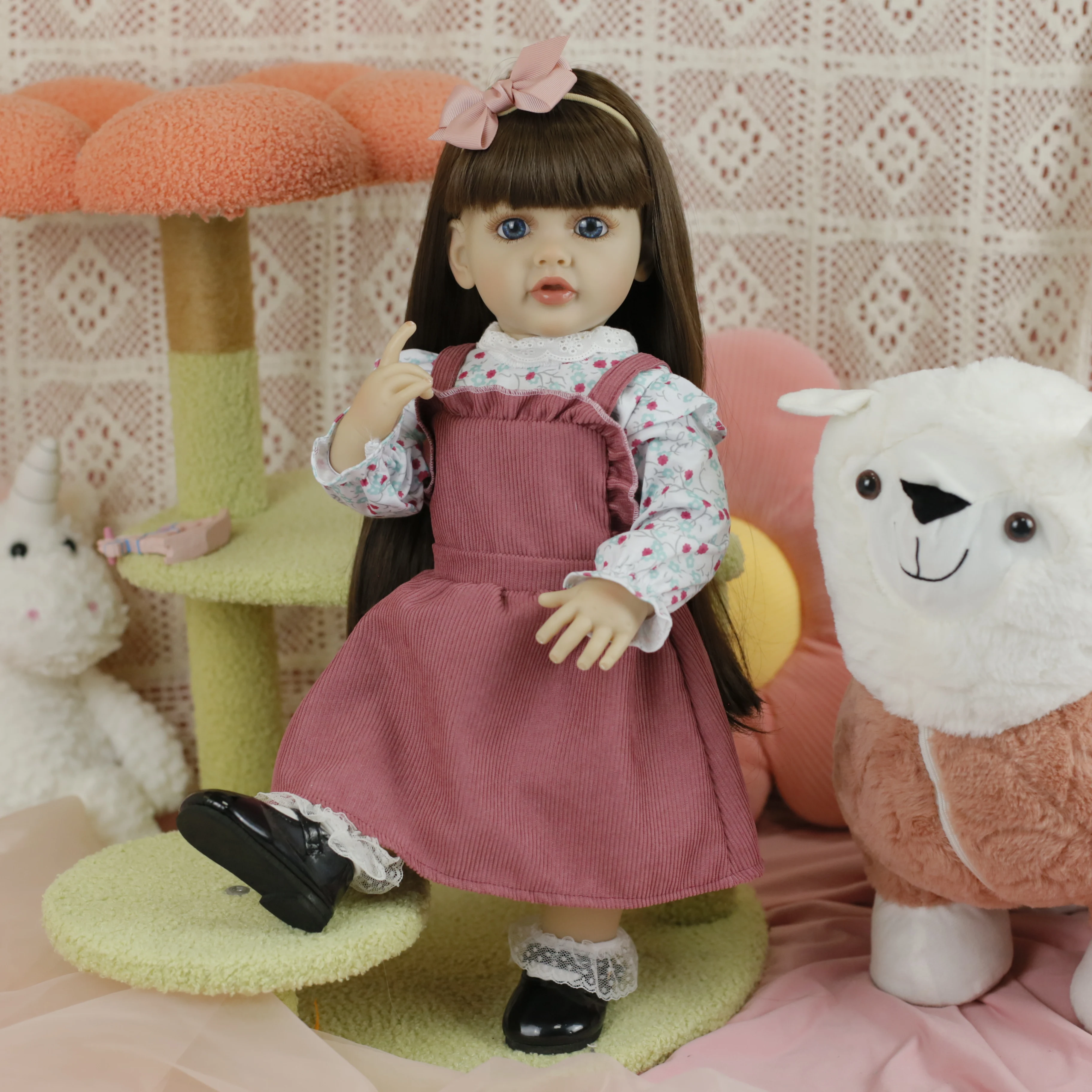 22인치 리본 유아 여자아이 인형 두두 부드러운 실리콘 전신 비닐 실물 같은 신생아 갈색 머리 크리스마스 선물 (여아용)