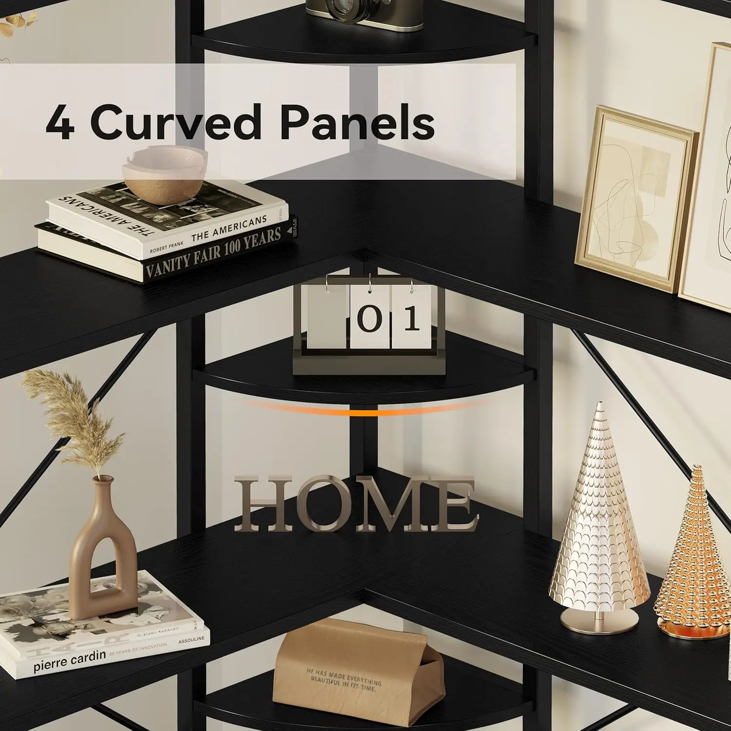 خزانة كتب على شكل حرف L بإطار معدني، أسود، لوحات منحنية لغرفة المعيشة والمكتب المنزلي #5