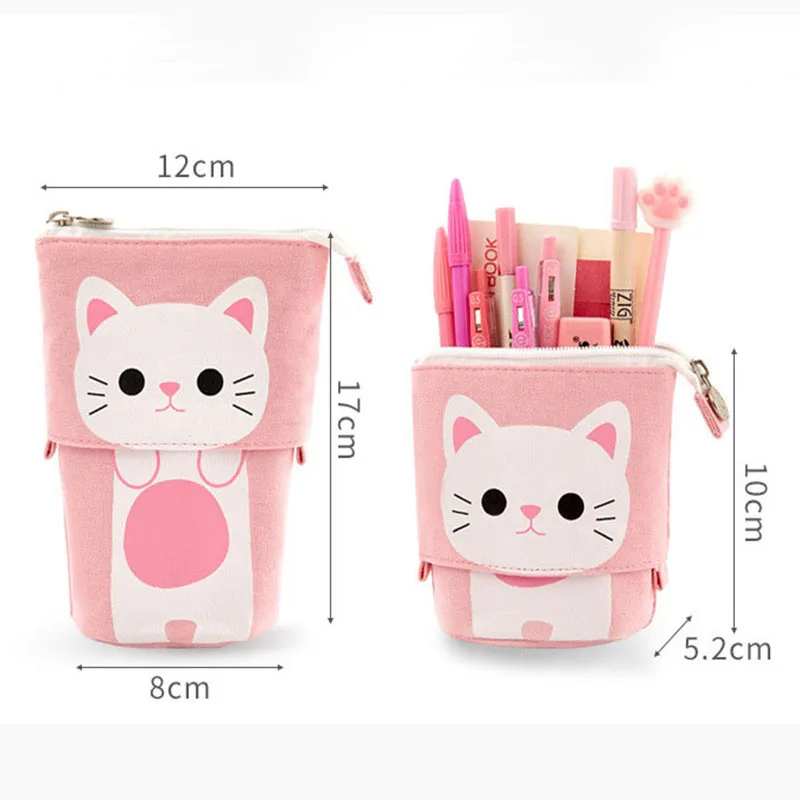 Cute And Simple Cat Design Retractable Pen Holder Bag Canvas Variable Large Capacity Pen Box School Stationery Children's Gift
