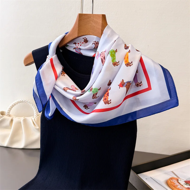 

Silk Square Scarf Women Luxury Dog Print Kerchief Soft Satin Hairband Hands Bag Ribbon Foulard Hijab Neckerchief Headband Ladies