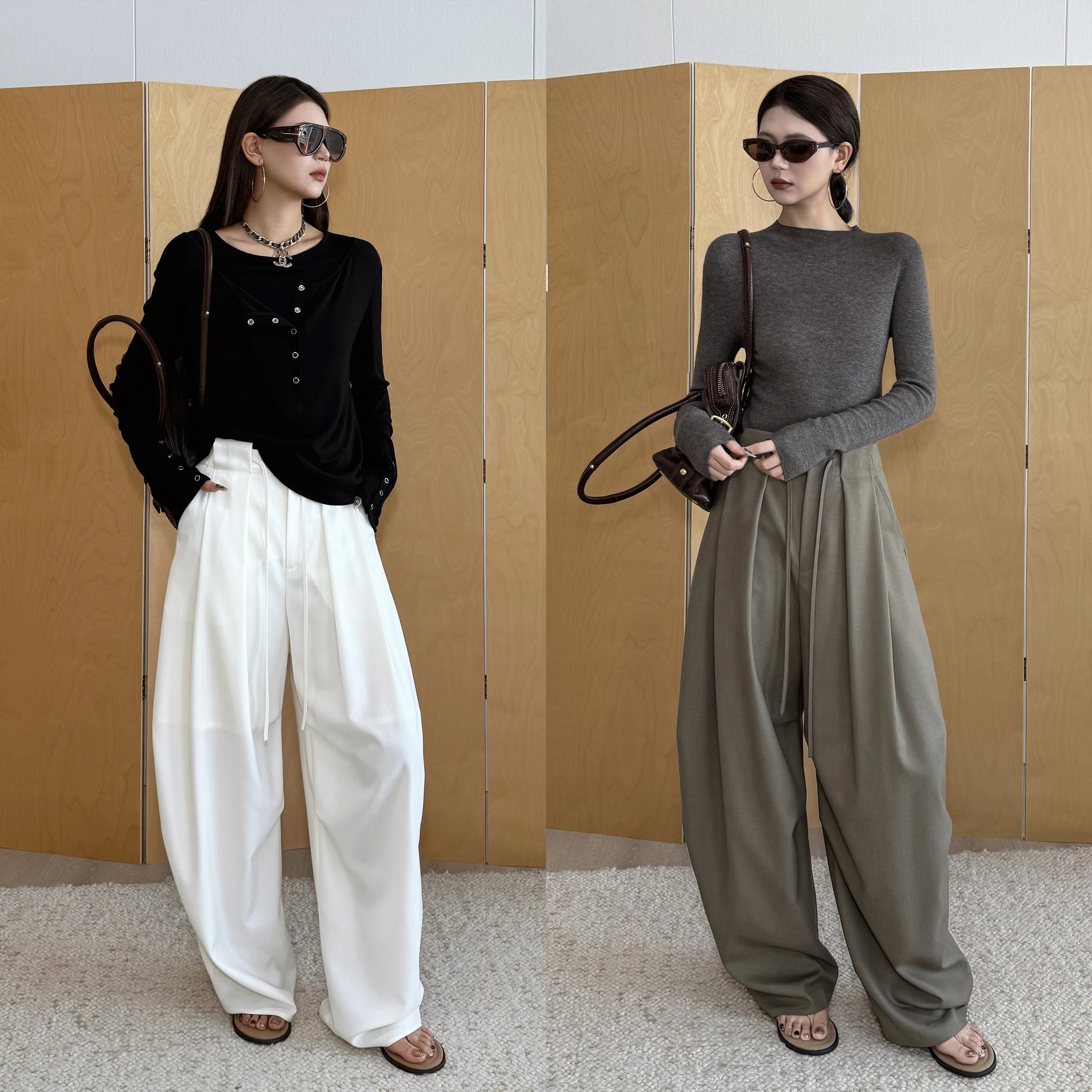 

Шерстяные брюки с высокой талией и широкими штанинами Nancy Cavally, не мнущиеся, с четкой текстурой, на шнурке, повседневные, однотонные, в уличном стиле