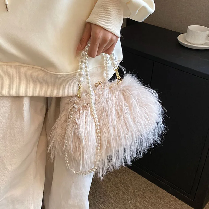 Small Soft Plush Beaded Shoulder Side Bag for Women 2023 Winter Fashion Trend Design Handbags Clutch Bags