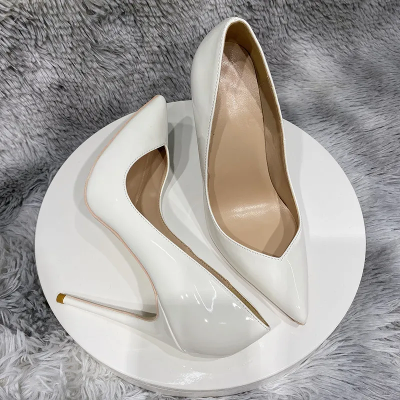 

Heelgoo Classic Style White Patent V Cut Front Pointy Toe Slip On 12cm High Heel Shoes Stiletto Pumps for Wedding Plus Size 46