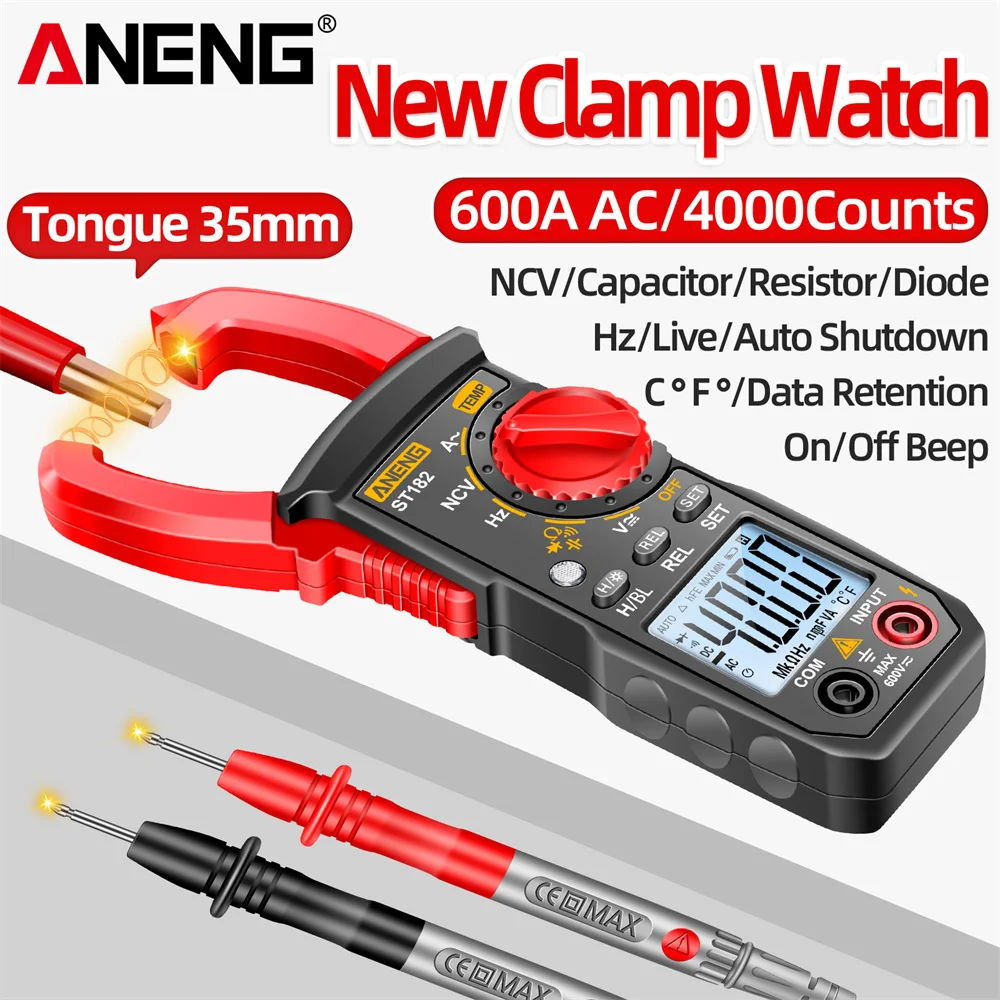 ANENG ST182 Digital Clamp Meter AC Current Multimeter DC/AC Voltage Ammeter Voltages Tester Amp Hz Capacitance NCV Ohm Test