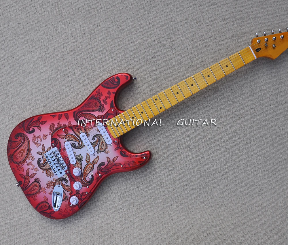 6 Strings Red Flower Electric Guitar with SSS Pickups,Yellow Maple Fretboard