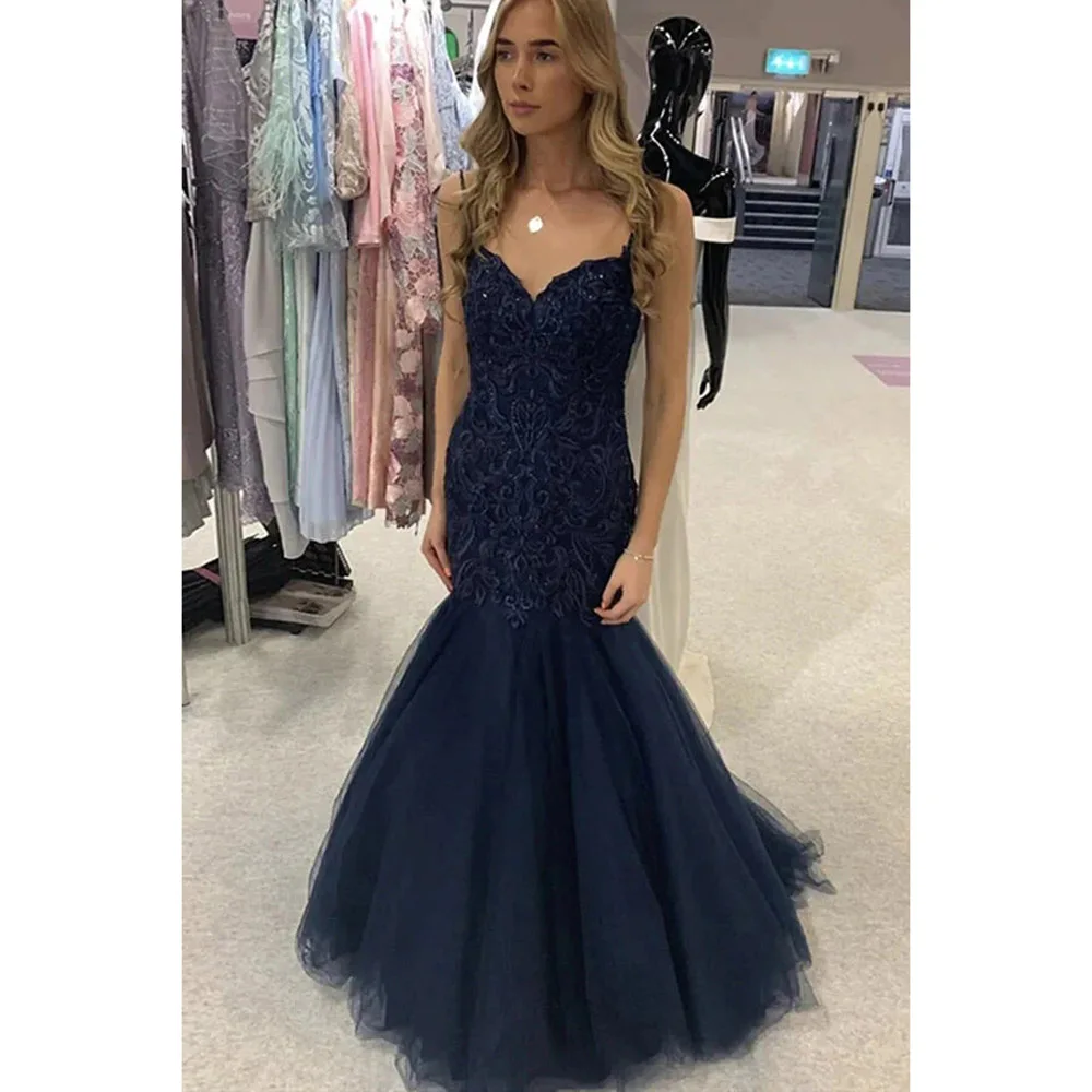 

Navy Blue Women Evening Dress Sleeveless Appliques Backless Sweetheart Straight Appliques Floor Length Luxury Women Prom Gown