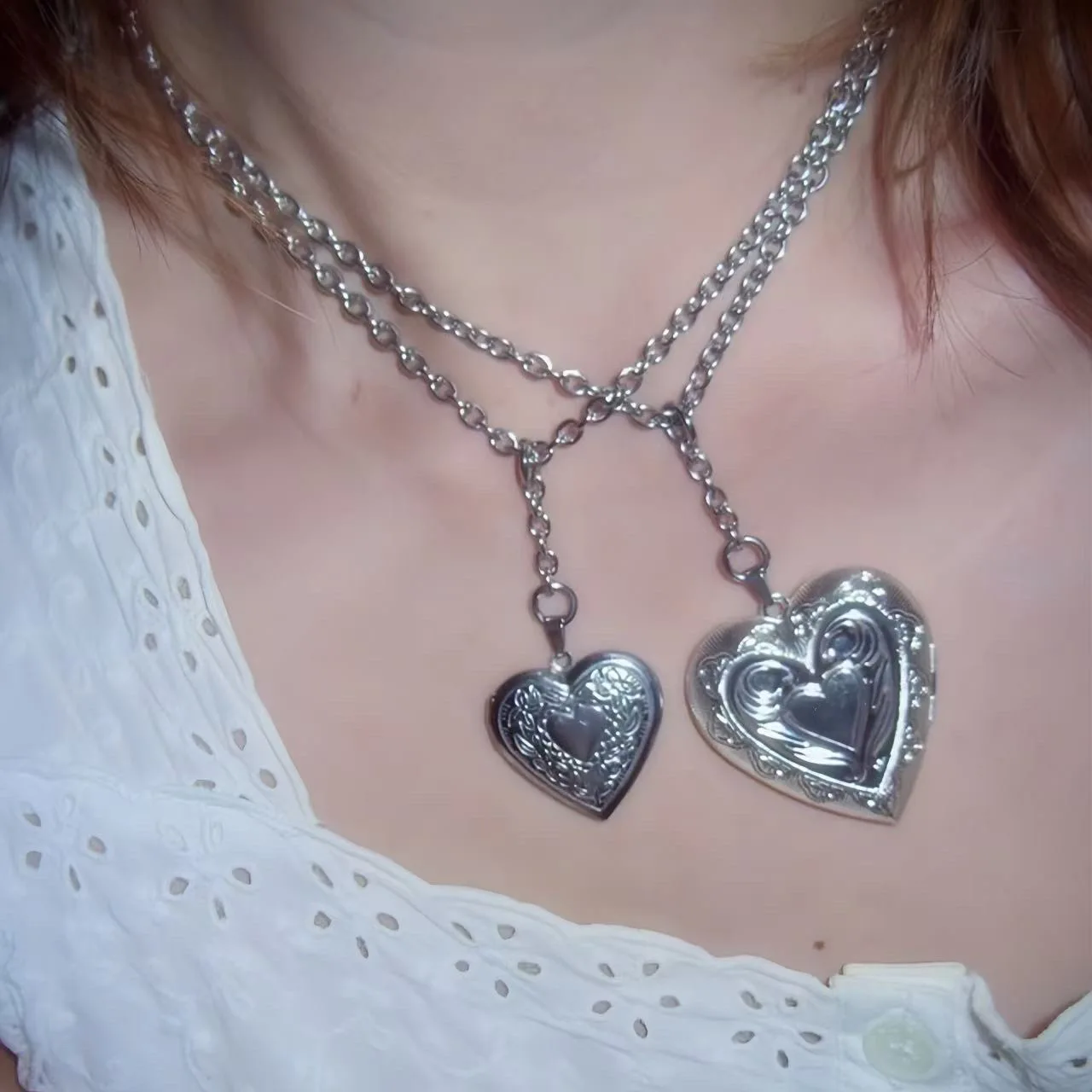 Ins Design Love Splicing Open Peach Heart Pendant Necklace Spicy Girl Retro Carving Stainless Steel Grunge Coquette Accessories
