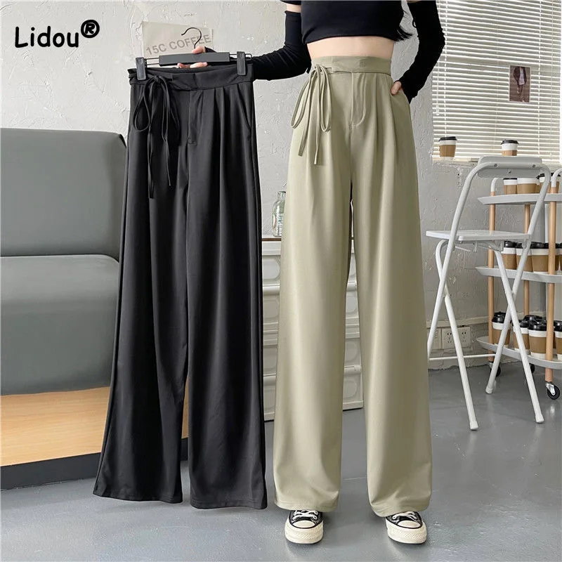 Spring Summer Fashion Korean Drape Solid Pockets Female Trousers Casual Drawstring High Waist Loose Wide Leg Full Length Pants