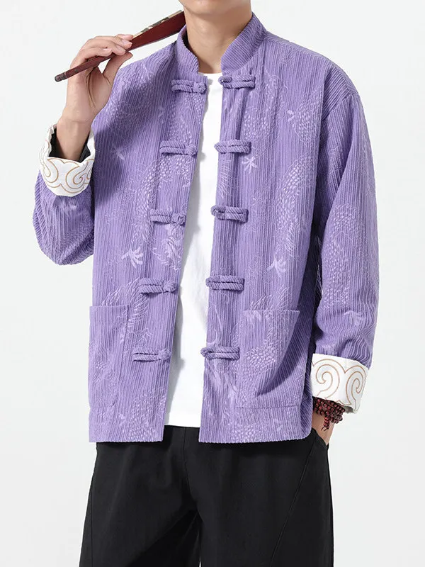 

Dragon Pattern Corduroy Jaet Stand Collar Couples Outerwear Men's Chinese Sle Autumn Winter Warmth Outerwear Coat