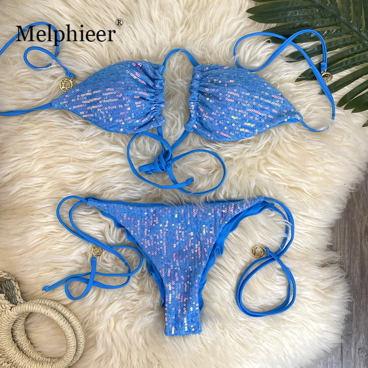 

Melphieer Lady's Sparkle 2 Piece Bikini Set Summer Style Sequins Bikinis Women 2025 Beach Pool Club Swimsuit New Holiday Outfits