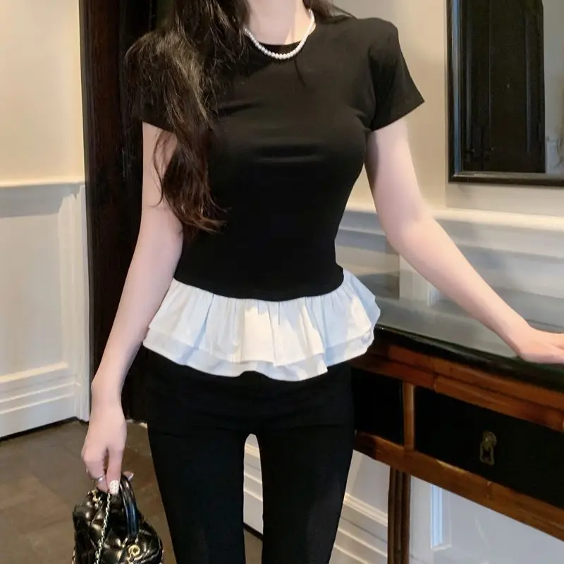 Short Sleeve Contrast Patchwork Korean Tops New Women Clothing O-neck Ruffles Slim Cute Elegant T Shirts Fashion Trend Summer
