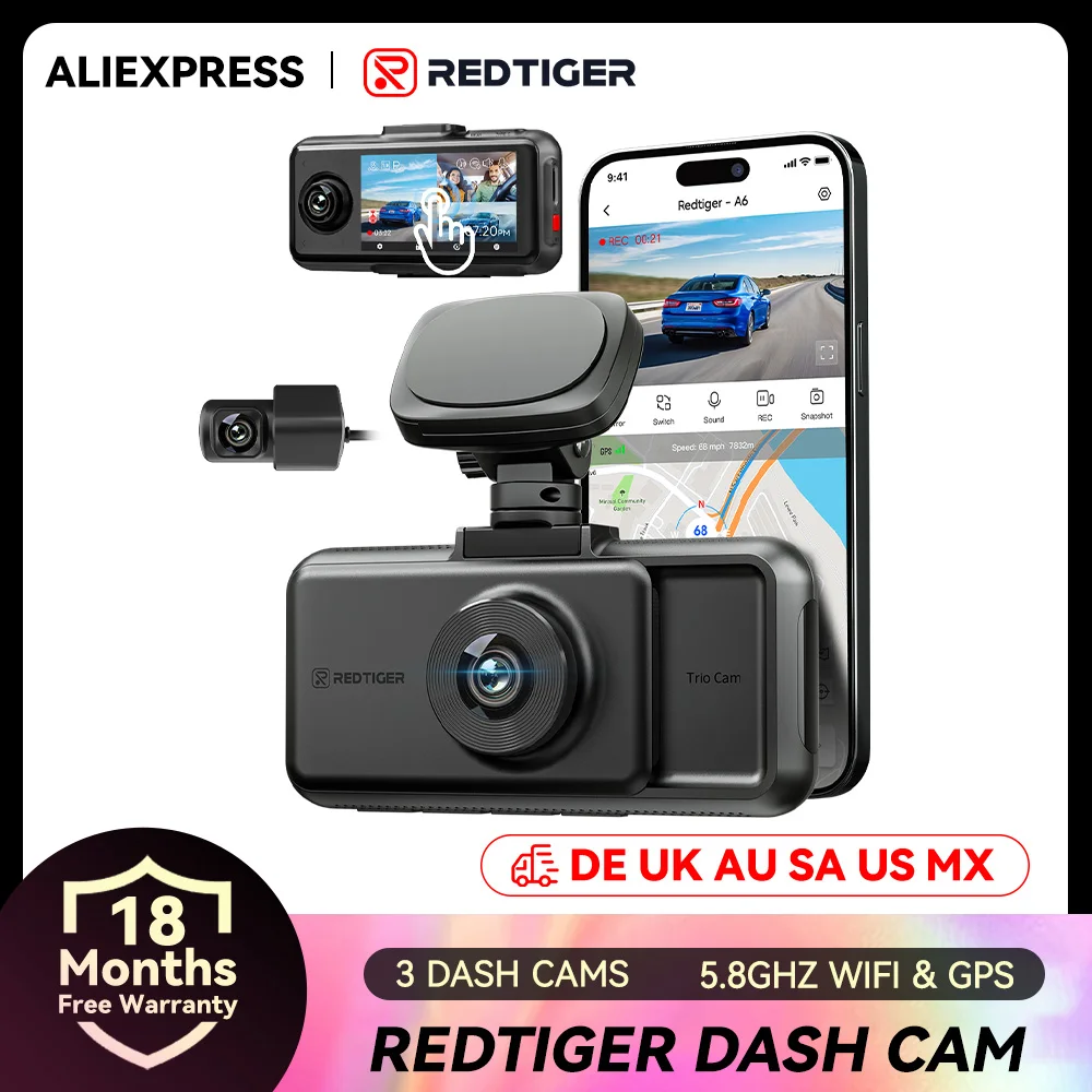 

REDTIGER A6 4K Видеорегистратор Встроенный 5,8 ГГц Wi-Fi GPS Автомобильный видеорегистратор Обновление Монитор парковки ночного видения 3-камерная передняя/кабиновая/задняя камера