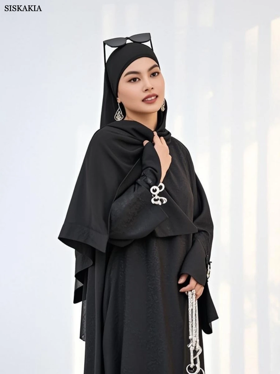 

Siskakia Dubai Jacquard Kaftan Dresses Womens Muslim Fashion Bow decoration Abayas Split Sleeve Caftan