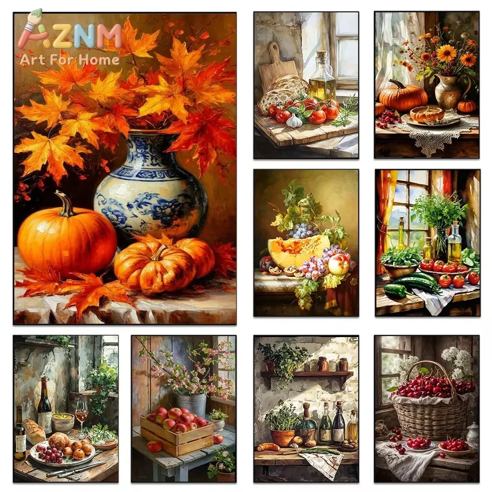 1PC Vintage Still life Print Pumpkin Cherry Fruit Poster For kitchen Living Room Home Decor Retro Canvas Painting Wall Art