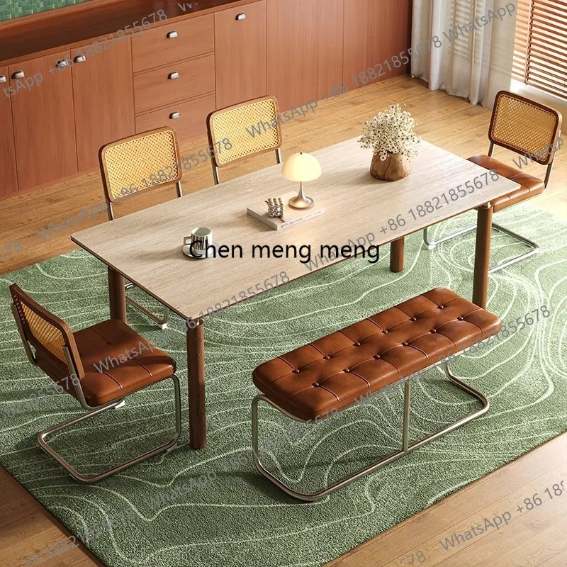 

Bauhaus rock slab dining table and chair combination travertine medium and ancient stainless steel ash wood dining table