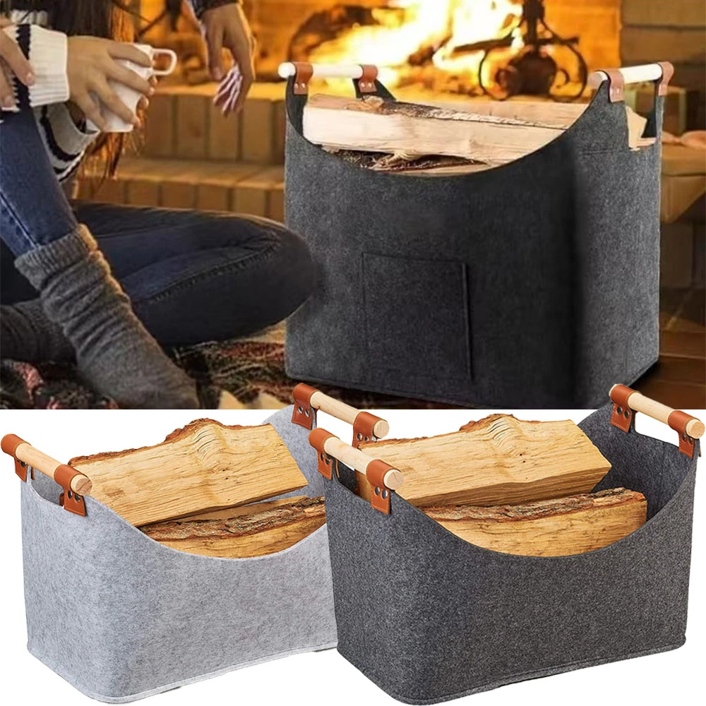 55 X 32 X 40 Cm Firewood Box Felt Basket with Wooden Handles Large Capacity Foldable Wood Basket Bag for Fireplace & Wood Stove