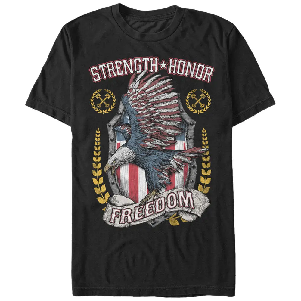 Fourth of July Strength Honor USA Flag Bald Eagle Freedom T Shirt. New 100% Cotton Short Sleeve O-Neck T-shirt Casual Mens Top