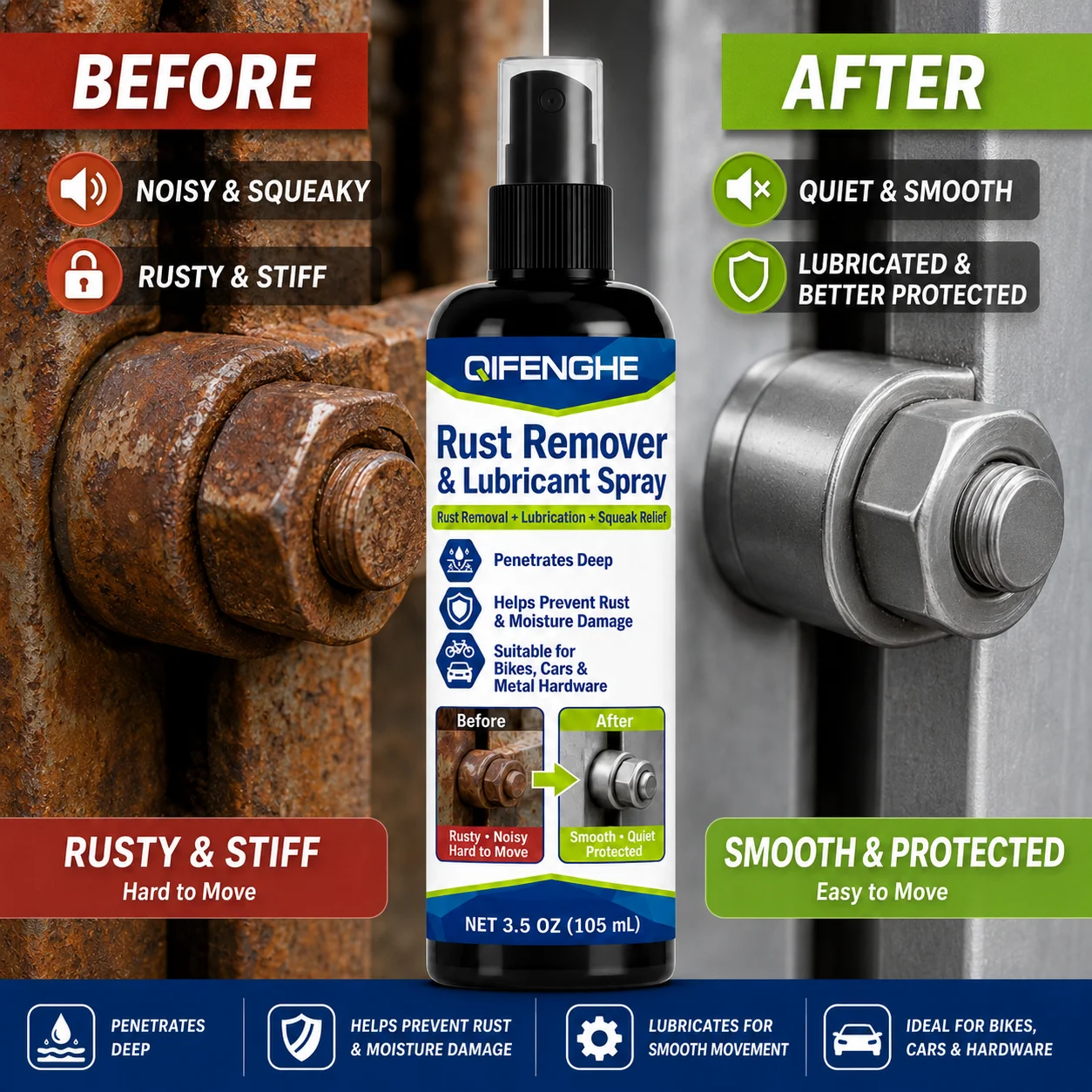 Gentle Rust Remover, No Damage, Fast Polish, Spray & Wipe, Shines & Protects, for Car Wheels & Railings