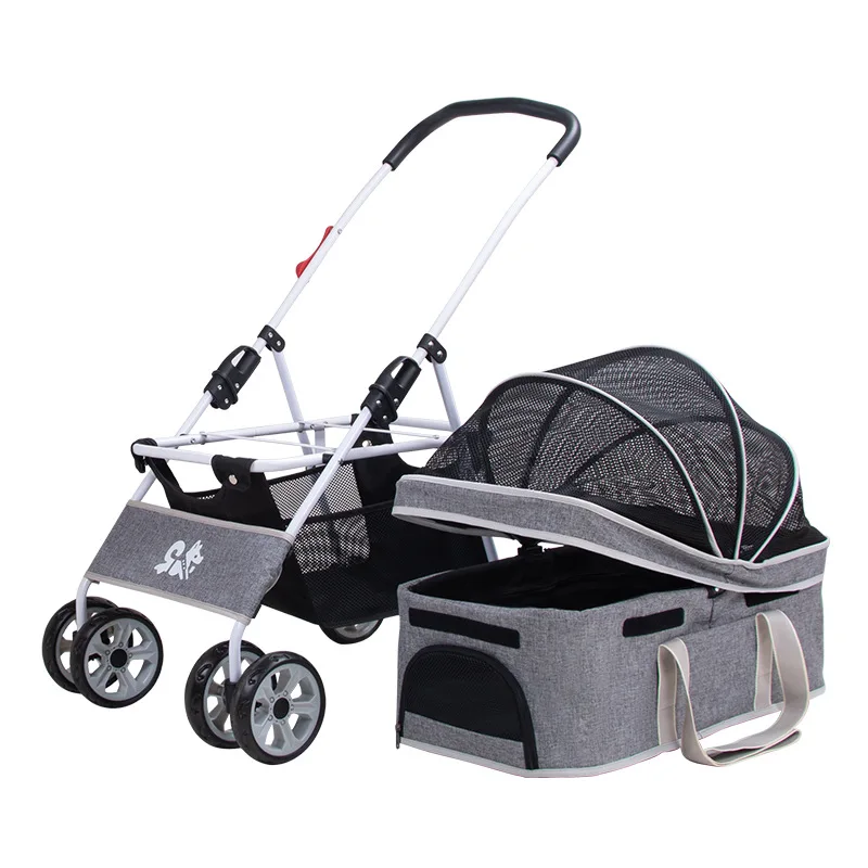 عربة أطفال خفيفة الوزن قابلة للطي ذات 4 عجلات، حقيبة كبيرة الحجم للاستخدام الخارجي والسفر مع الكلاب والقطط الصغيرة والمتوسطة الحجم