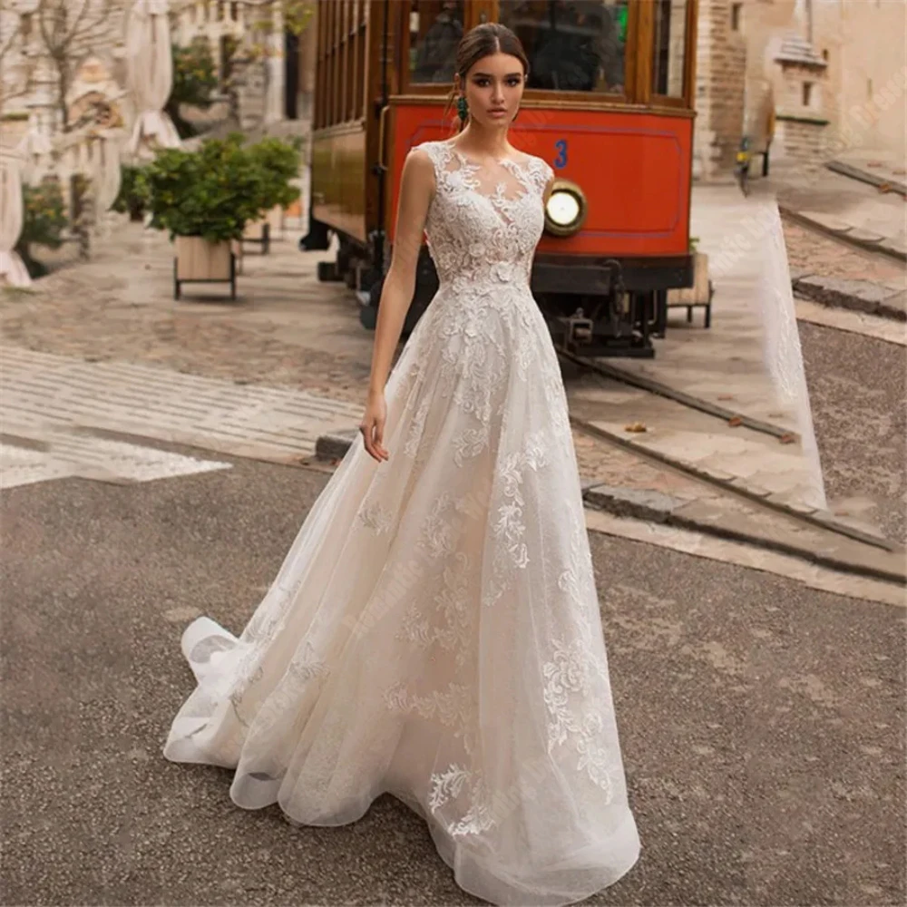 

Sexy Round Collar Lace Wedding Dresses Popular Smooth Tulle Sleeveless Gowns Mopping Length A-Line Princess Vestidos De Noivas