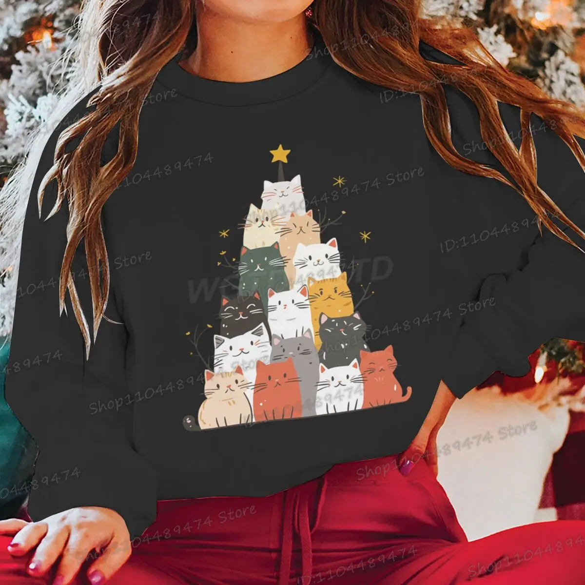 عيد الميلاد شجرة القط نمط الرجال المرأة البلوز أنيمي الحيوان عيد الميلاد البلوز الخريف الشتاء طويلة الأكمام طاقم الرقبة بلوزات