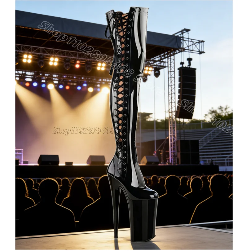 Black Lace up Performance Boots Platform Stiletto Patent Leather for Women Fashion Dancing Over Knee Boots Zapatos Para Mujere