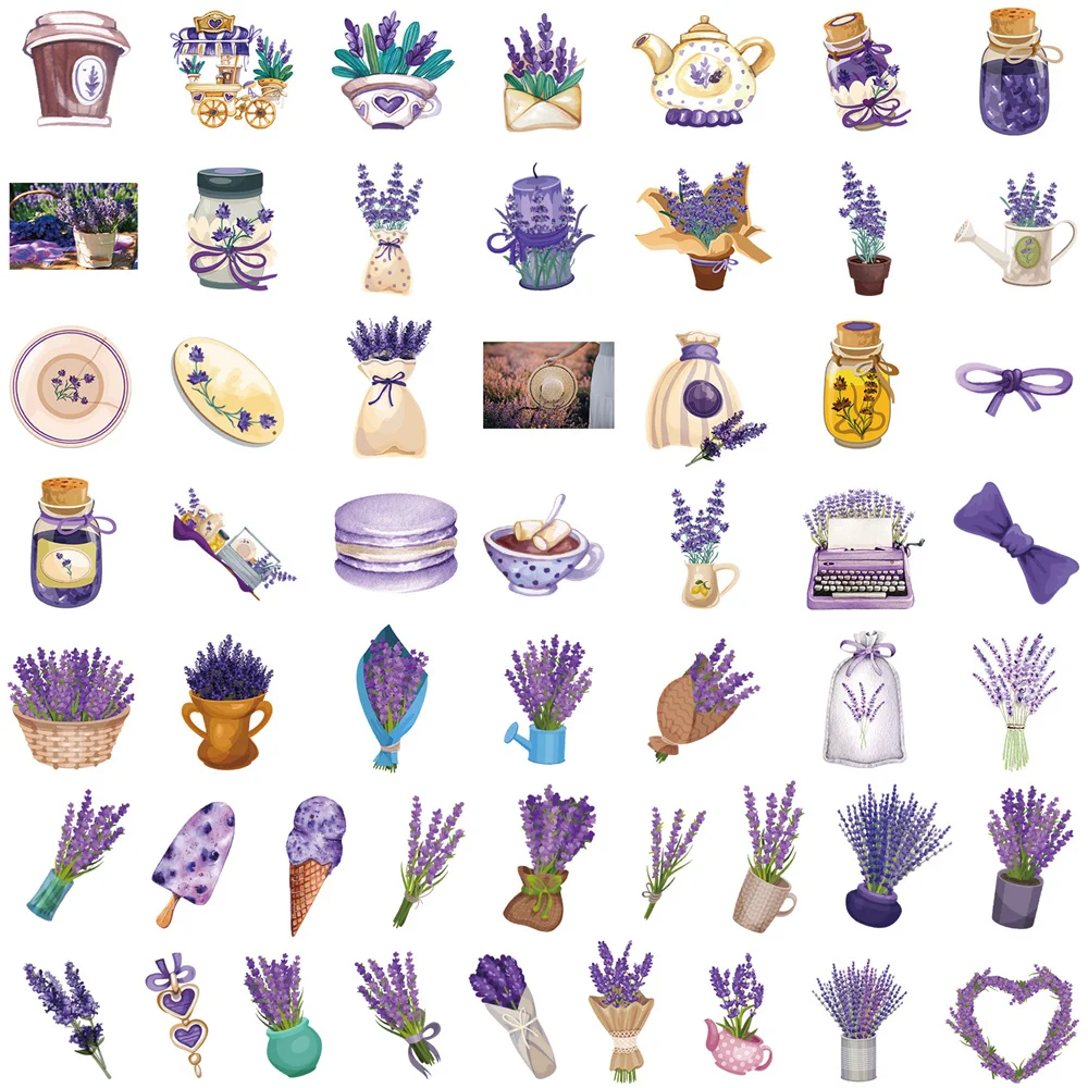 Purple Lavender Stickers for Suitcase, Craft Supplies, Scrapbook Sticker, Vintage Aesthetic Scrapbooking Material, 50Pcs