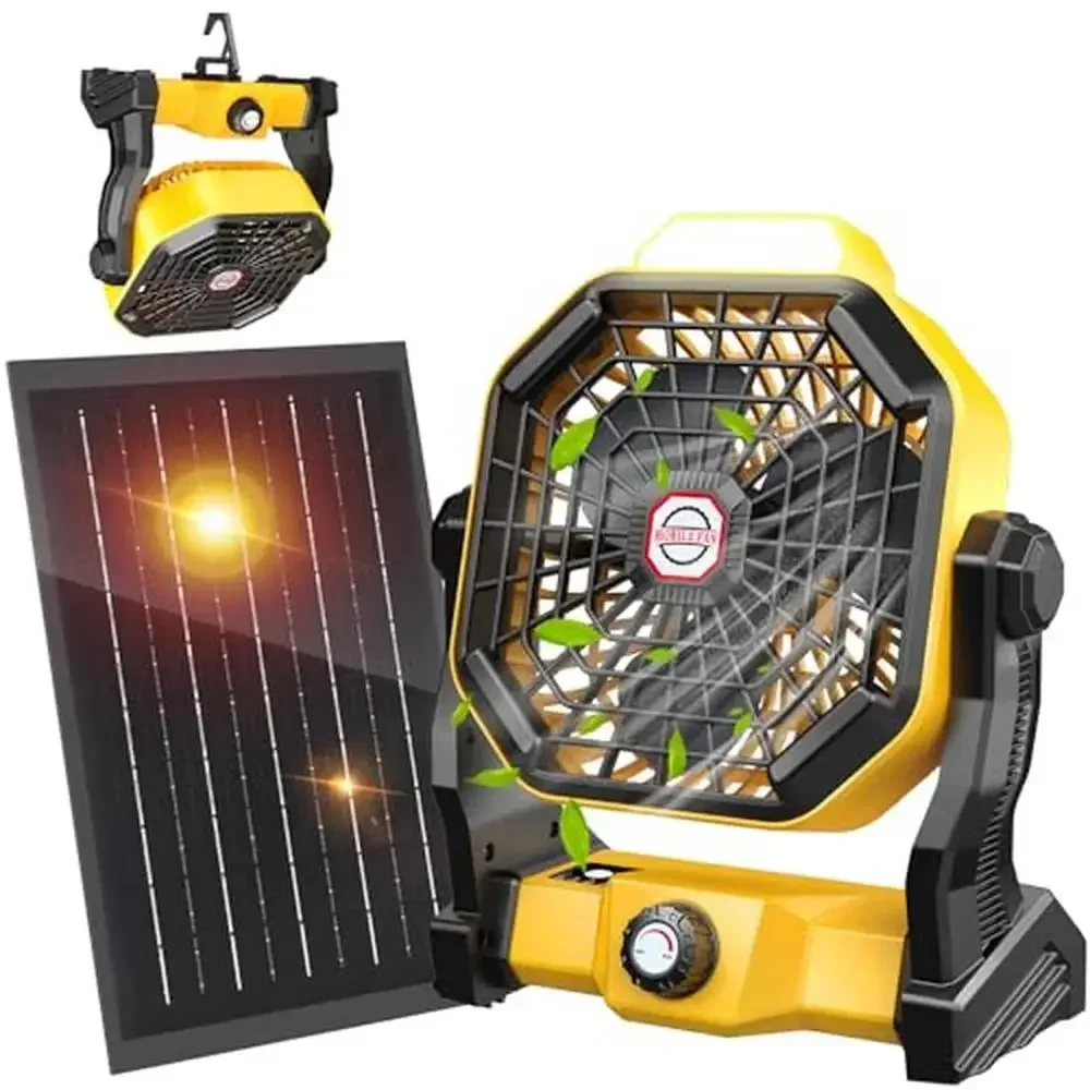 10400mAh Rechargeable Solar Panel Camping Fan LED Lantern Quiet Outdoor Cooling Fan Stepless Speed Hanger Design Long-lasting