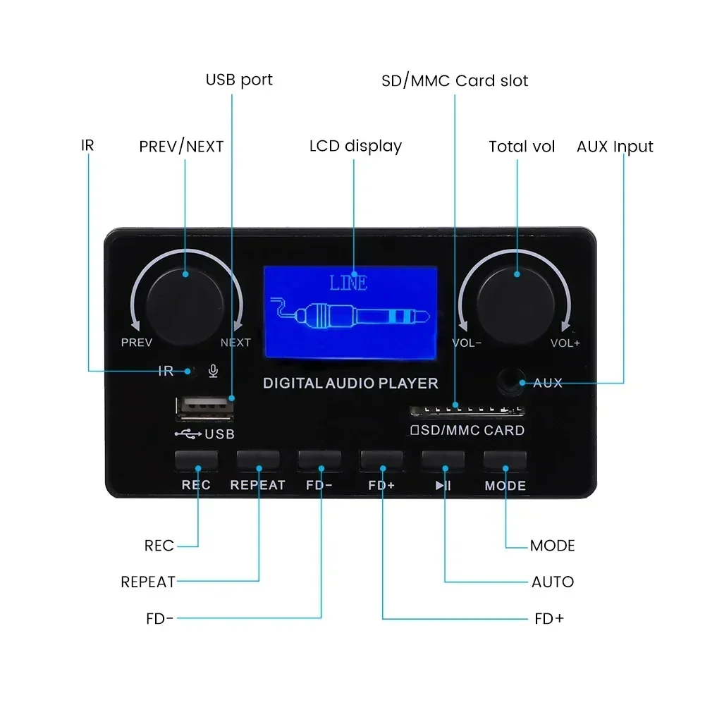 12V MP3 Bluetooth Decoder Board LCD Lyrics Display Decoder WMA WAV FLAC APE FM Recording USB Decoding For Audio Amplifier