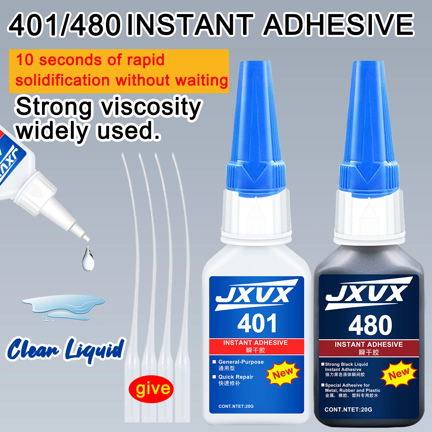 20 ml 401 (Transparent)/480 (Schwarz) Sofortkleber Superstarker Universalkleber Leistungsstarker Sofortkleber für Harz, Keramik, Metall, Glas Schnelltrocknender Kleber, wasserfest mit