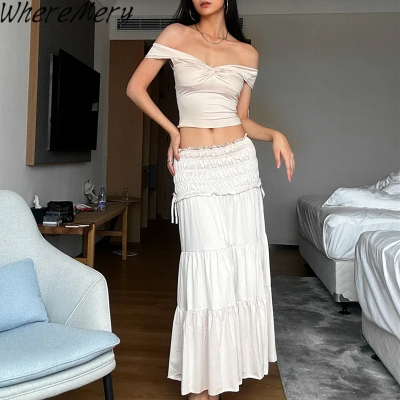 

WhereMery Elegant Off Shoulder Sleeveless Crop Tops And Loose High-waist Long Skirts Y2K 2025 New Women Evening Party Sexy Suits