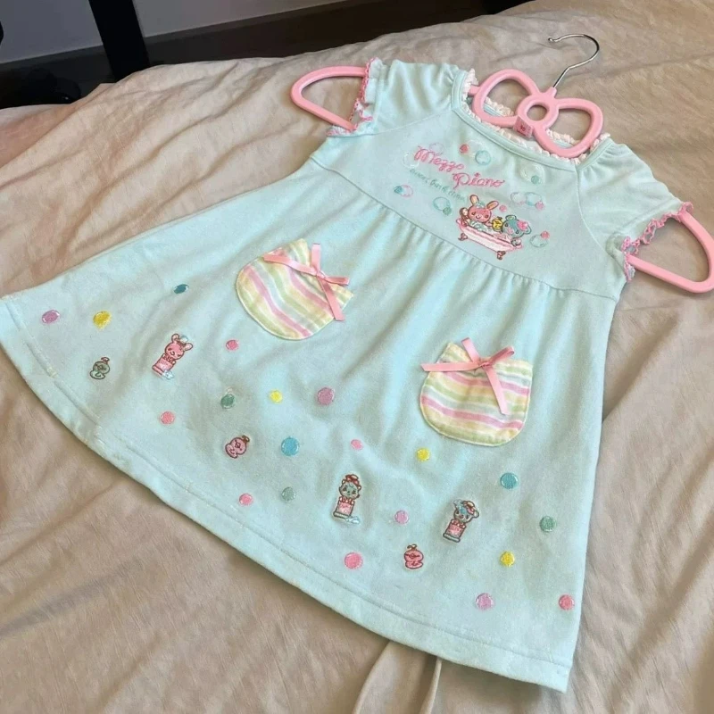 اليابانية Kawaii لوليتا نمط فستان المرأة الحلو الكرتون التطريز القوس الجيب ​ فستان Y2k الجمالي Harajuku Grunge Mini Vestidos