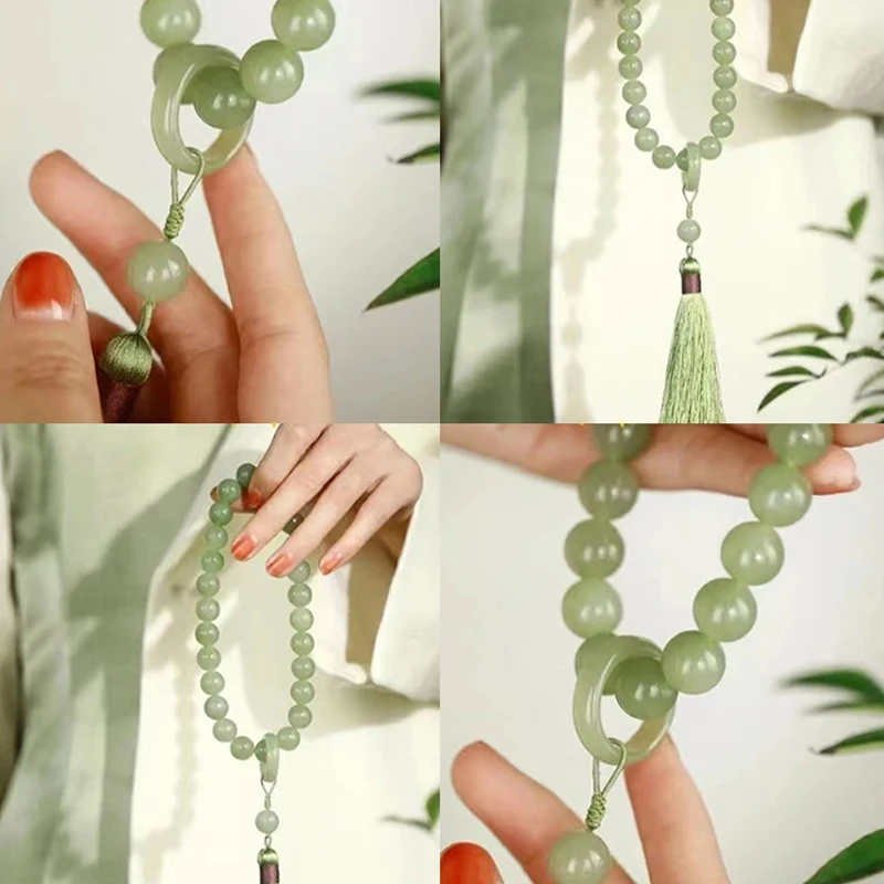 1PCS Green Jade Stone 12mm Beads Tassel Bracelet Necklace Tibetan Buddhist Mala Buddha Charm Rosary Yoga Men Woman Jewelry