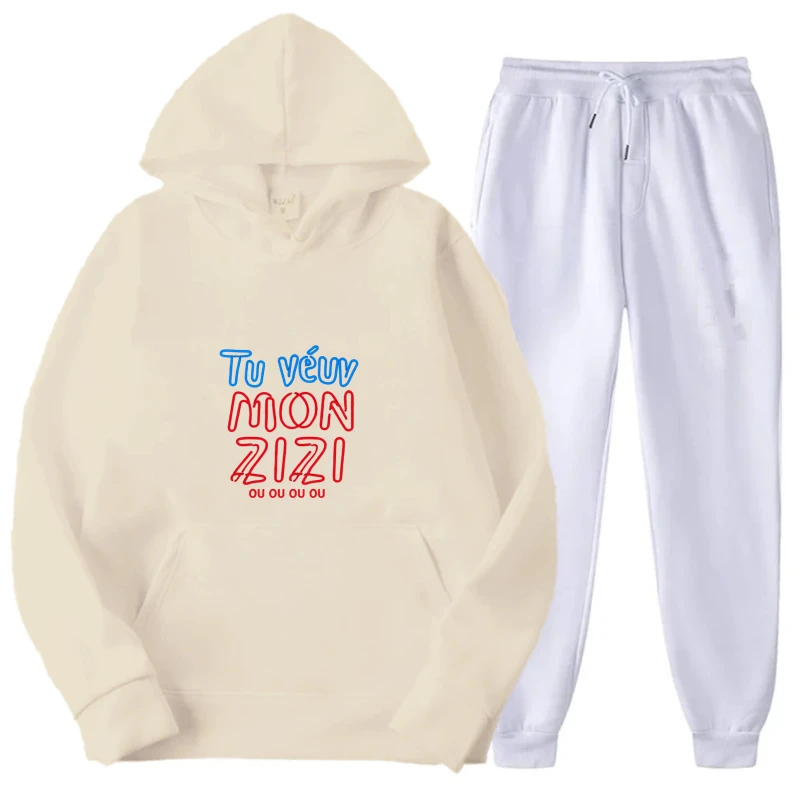 후드티 세트 흰색 프린트 맥주 머그잔 Allo Le Foie? Ici Le Cerveau 캐주얼 의류 및 파티 복장용 재미있는 프랑스어 텍스트 디자인