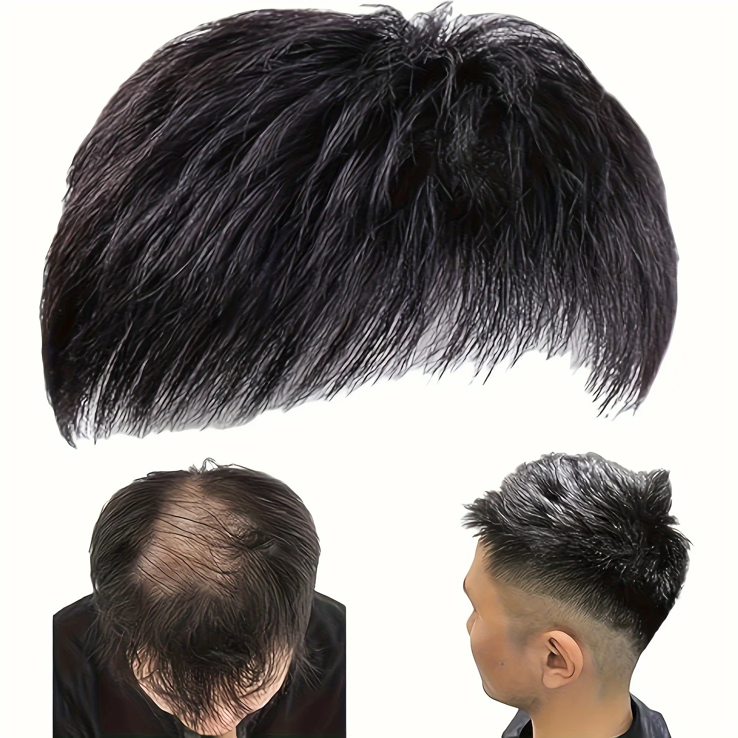 

Men's short top black synthetic wig, easy to clip in, stylish design for balding and thinning hair types