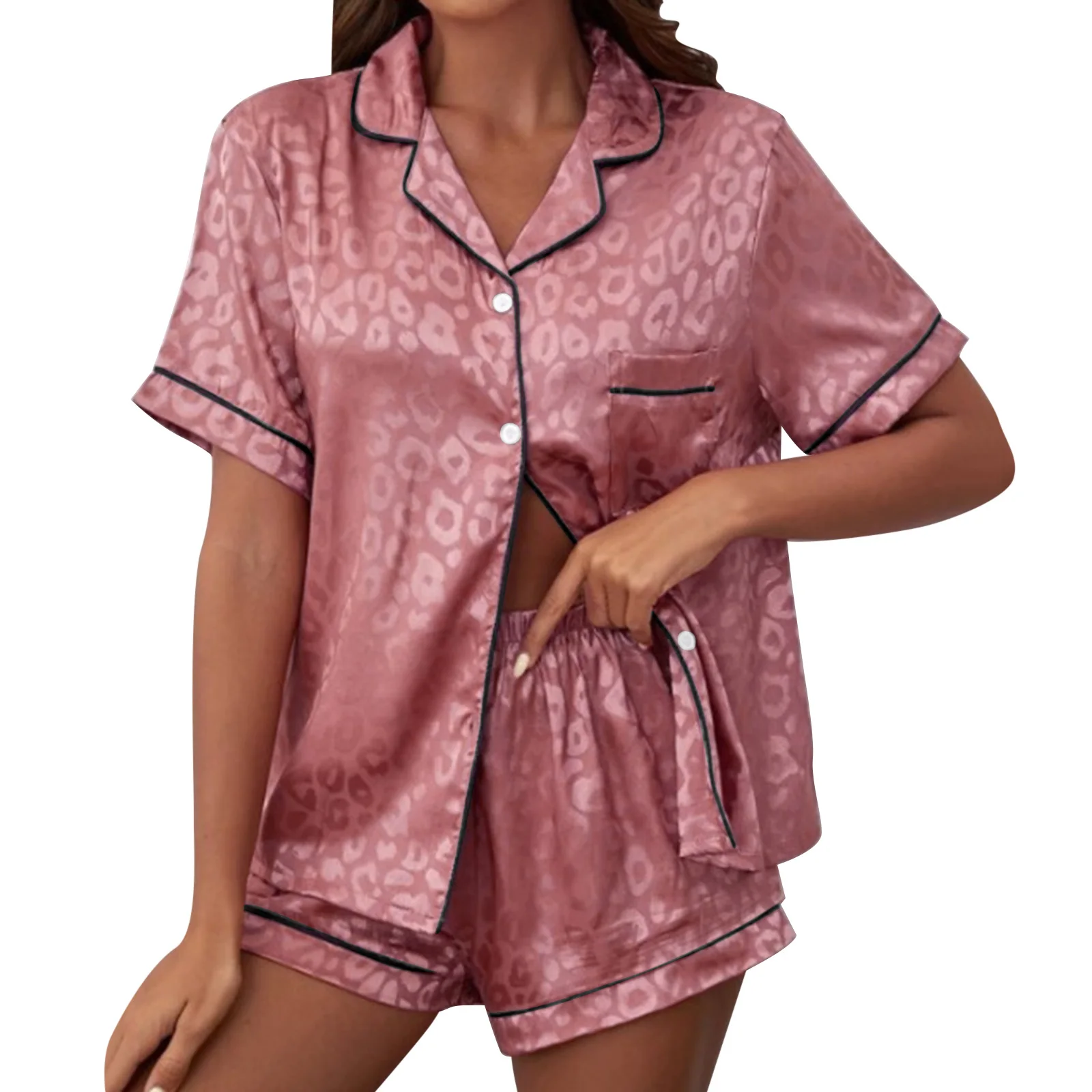 2023 New Pajama Set Women's Leopard Silky Satin Pajamas Short Sleeve Button Shirt Top with Shorts Sleepwear PJ Set Underwear 3XL