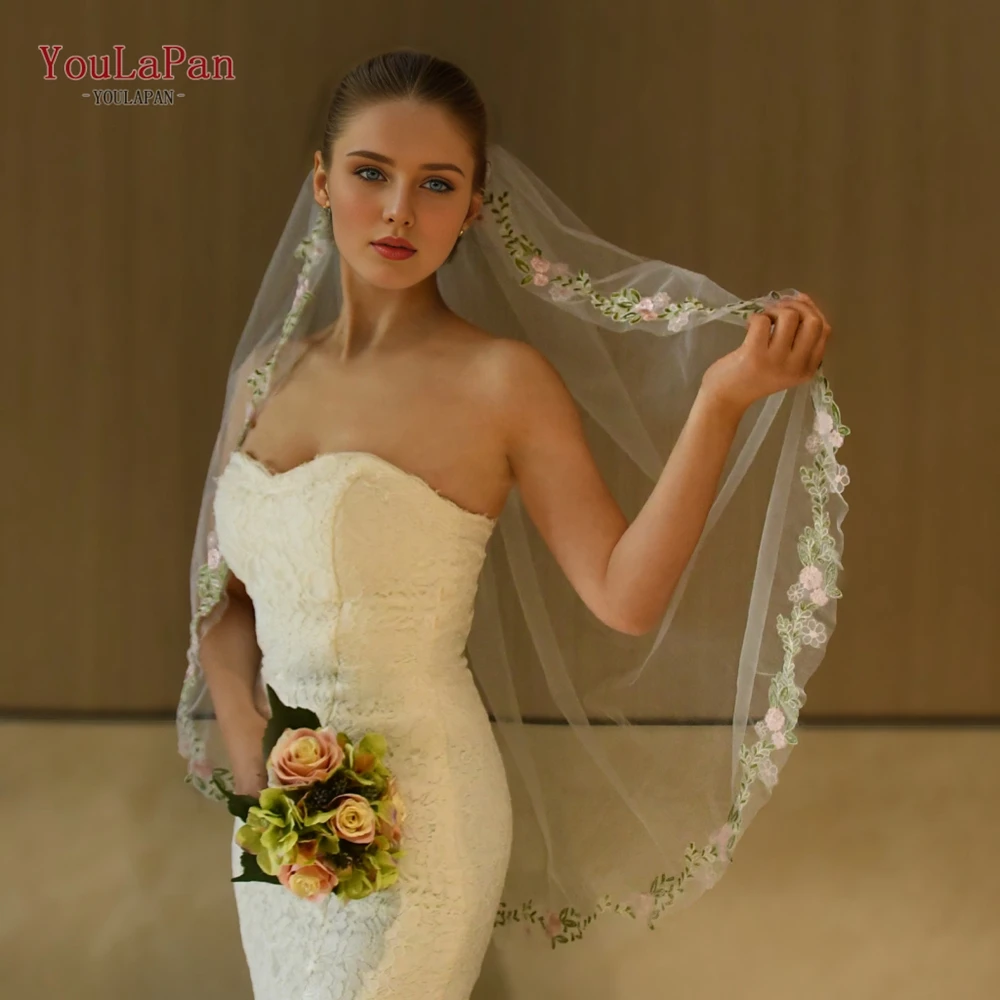 YouLaPan Wedding Veils with Lace Border Trim Elbow Length Lace Bridal Veil with Partial Trim Soft Single Tier Veils V199