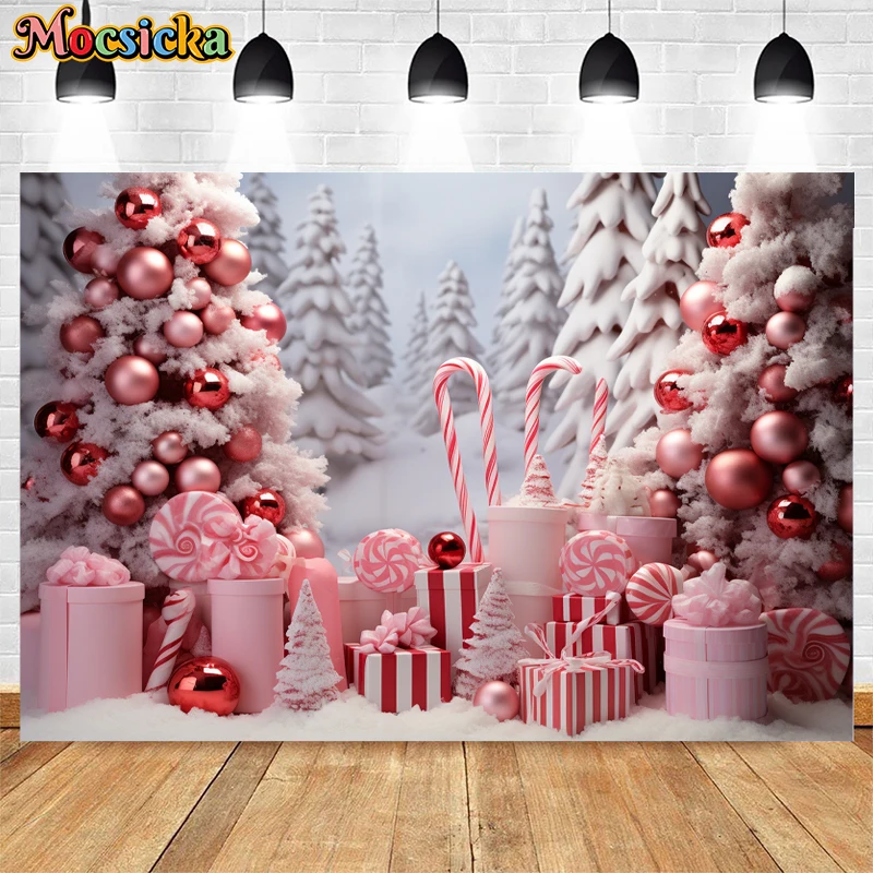 Mocsicka Winter Xmas Backdrop Snowy Christmas Tree Candy Decor Children Portrait Birthday Party Studio Photography Background