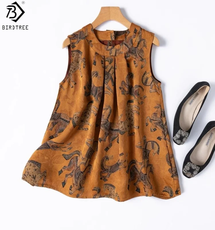 

Birdtree Women's 100% Mulberry Silk Brown Vest,Summer Sleeveless Jacquard Satin Stand Collar Horse Print Vest,2025 New T57122JF