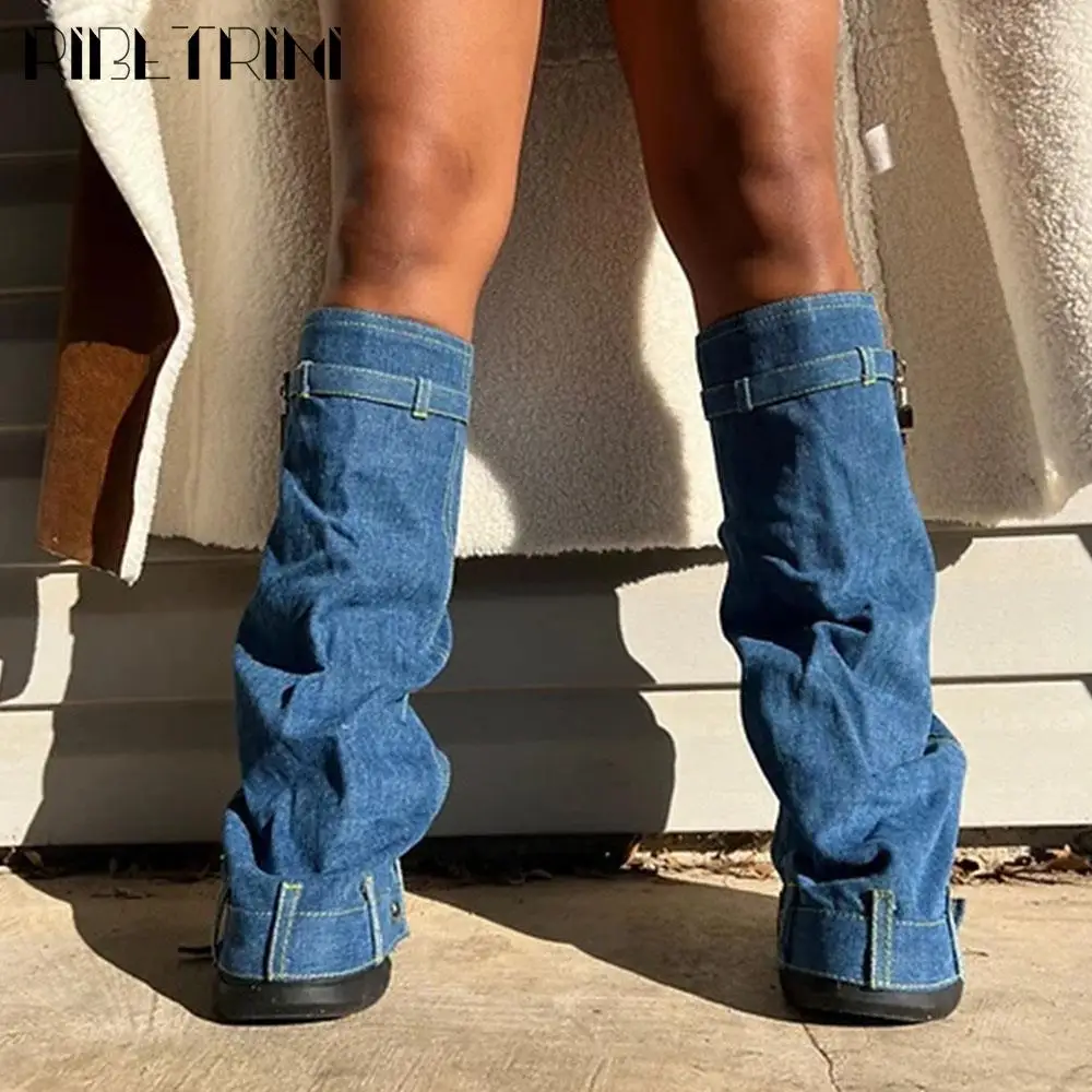 Padlock Fold Over Platform Women Knee High Boots Metal Zipper Denim Fashion 2023 Brand New High Heel Designer Street Cool Shoes