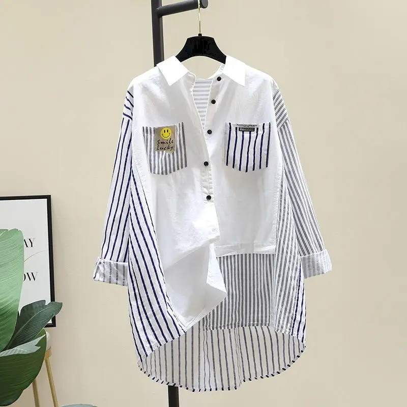 Blouses Women Stitching Striped White Shirts 2024 Spring Autumn New Tops Korean Style Loose Mid-length Shirt Casual Top Coats